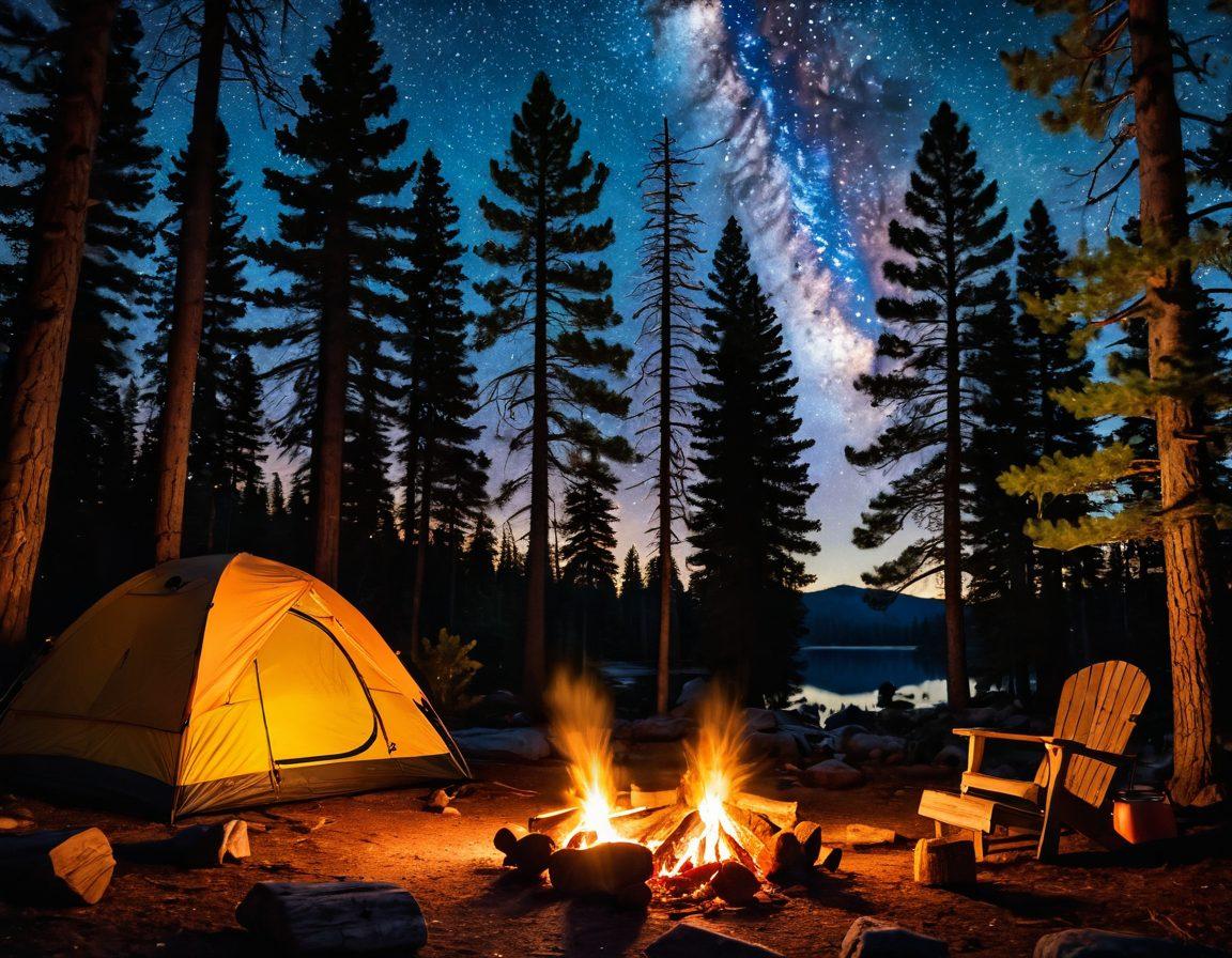 A serene woodland scene showcasing a cozy campsite with a crackling campfire, a tent nestled among tall pine trees, and a starry night sky overhead. In the foreground, include camping essentials like a guitar, a lantern, and delicious campfire food being cooked. Capture the mood of adventure and tranquility, inviting viewers to embark on their own wilderness adventures. vibrant colors. realistic. night sky.