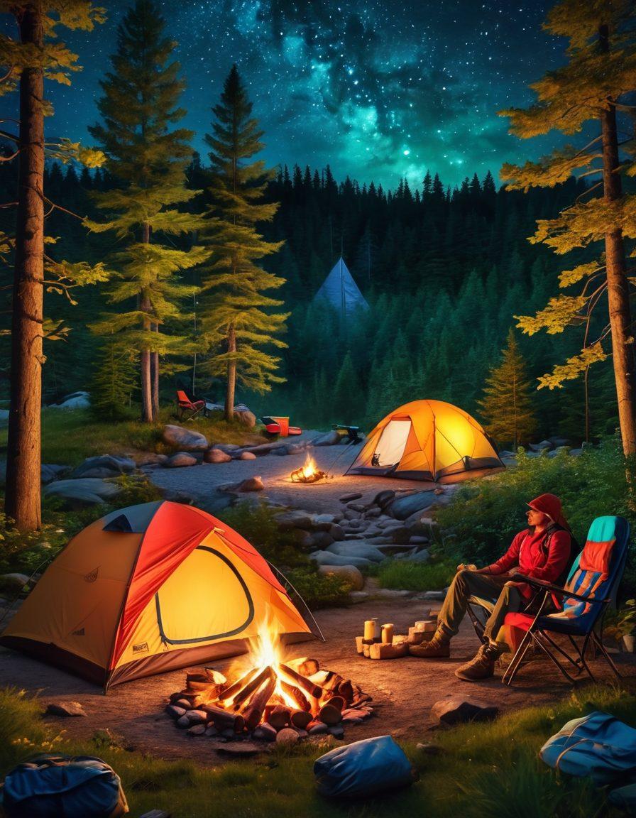 A scenic view of a vibrant campsite nestled in a lush green forest with a glowing campfire, colorful camping gear laid out, and a starry night sky overhead. A couple is seen roasting marshmallows, with a tent and backpacks in the background, creating an inviting outdoor atmosphere. super-realistic. vibrant colors. nighttime setting.