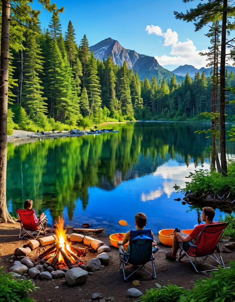 A scenic campground featuring a variety of diverse camping activities: a family roasting marshmallows over a campfire, a couple kayaking on a serene lake, children exploring a lush forest, and hikers on a nearby trail with mountains in the background. The image conveys a sense of adventure and connection to nature, with vibrant colors depicting greenery, water, and a clear blue sky. super-realistic. vibrant colors. nature background.
